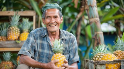 Poster - Portrait of a smiling male farmer with fresh pineapple