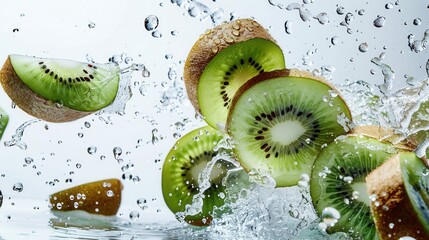 Wall Mural - Fresh juicy kiwi fruit slices with water splash