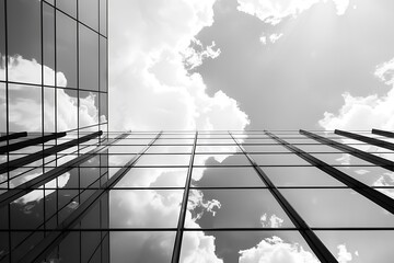 Front view of sky and cloud reflection on modern office building glass wall. Black and white concept