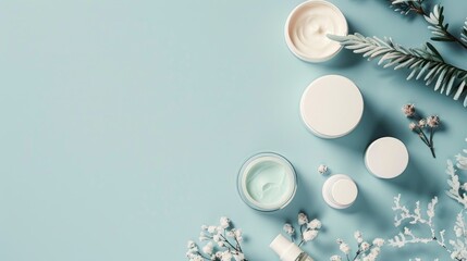 Cosmetic products arrangement on a light blue backdrop for text winter skincare