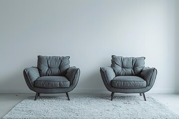 Two cozy grey armchairs standing on white carpet in empty room