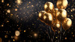 © Waqar - Party confetti Balloons Graphic Gold balloon birthday background vector banner ballon orange happy A shiny gold balloon floating solo on an isolated black background, Generative AI