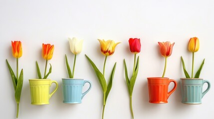 Canvas Print - Tulips and coffee cups in various colors on a white backdrop