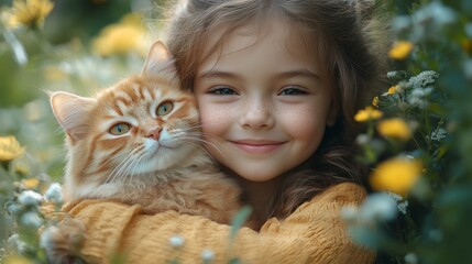 Happy girl in hat holding cute cat on background of house and green garden, summer time.