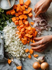 Wall Mural - Chopping vegetables for a healthy meal preparation on a marble countertop