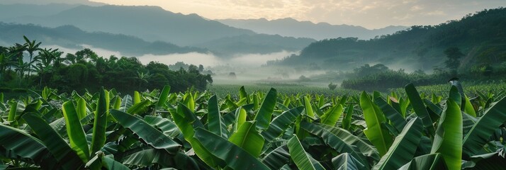 Banana plant in plantation farm field with mountain background