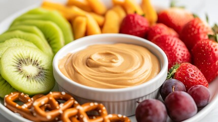 Wall Mural - A creamy peanut butter dip served in a small ramekin, surrounded by freshly sliced fruits and pretzels, all arranged neatly on a white platter