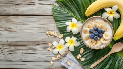 Fresh sliced banana fruit with milk breakfast closeup view