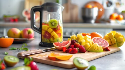 Wall Mural - Blender mixer machine in kitchen with fruits