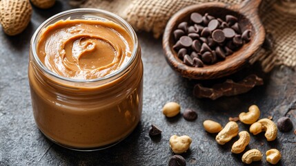 A jar of creamy peanut butter placed next to a small bowl of mixed nuts, with a scattering of chocolate chips and a rustic wooden spoon beside it