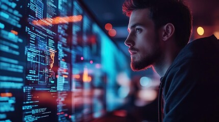 Man Looking at a Computer Screen Full of Code