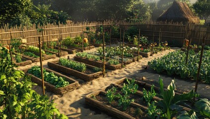 Wall Mural - A lush garden with raised beds and a wooden fence.