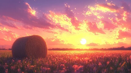 Poster - Golden Sunset Over Hay Bale Field