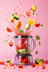 Wall Mural - Blender mixer at work with fruit slices flying around in air isolated over plain background.