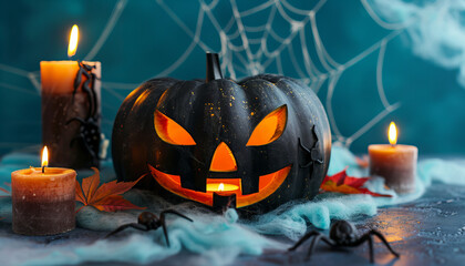 Wall Mural - Spooky Halloween themed illustration with Carved Pumpkins