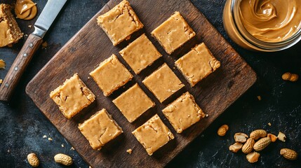 Wall Mural - A rustic wooden board with peanut butter protein bars, cut into squares and arranged neatly, with a jar of peanut butter and a knife beside it