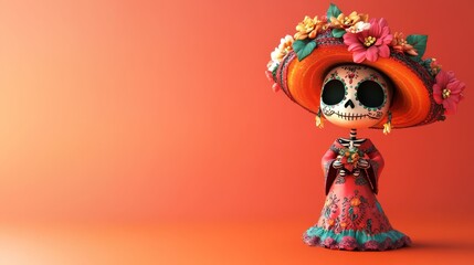 Charming Catrina figurine with a colorful hat and floral details