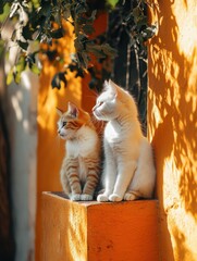 Two cats sitting on an orange wall, basking in sunlight. One cat is ginger and the other is white, with foliage in the background.