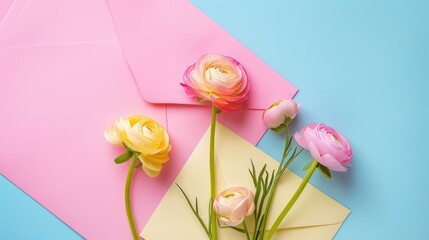 Poster - Composition with ranunculus flower and envelope on colorful background for text placement