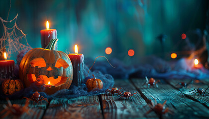 Wall Mural - Spooky Halloween themed illustration with Carved Pumpkins