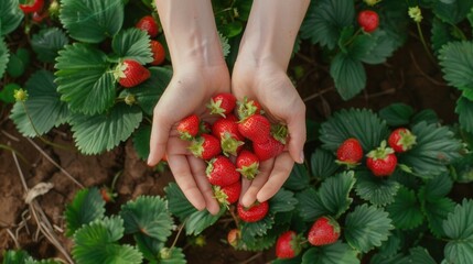 Canvas Print - Hands holding fresh strawberry fruit in plantation farm field