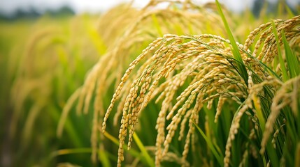 Close up of rice paddy field, with golden grains of rice, ready for harvest, in a field of green stalks.