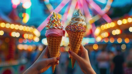 Wall Mural - Hand holding a tasty ice cream in an amusement park