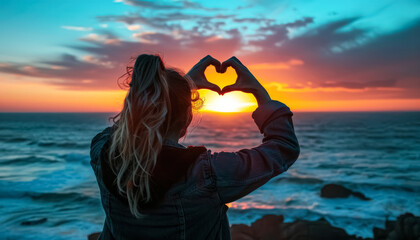 Wall Mural - A woman is standing on a beach with her arms outstretched, holding a heart shape in the air. The sun is setting in the background, creating a warm and romantic atmosphere