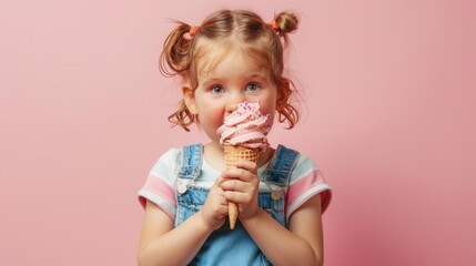 Wall Mural - A little child holding an ice cream and eating over plain background.