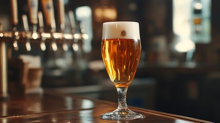 Close-up of a glass of beer on a wooden bar counter.