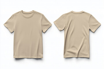 Beige empty blank front and back side t-shirt mockup template close up detail on white background, close up detail.