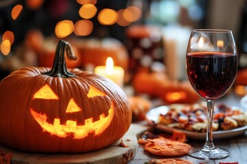 Sticker - Halloween celebration with carved pumpkin, wine, and festive treats on a cozy table setting