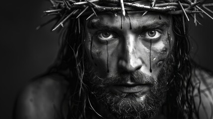 Intense Portrait of Jesus Christ with Crown of Thorns in Black and White