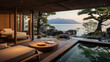 © Nuchjara - 3D render interior design concept, Tranquil Japanese Resort by the Lake Natural background: A Serene Retreat and Relax with private Onsen space. travel and vacation background