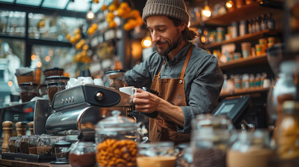 A barista creating latte art in a stylish coffee shop, showcasing craftsmanship and attention to detail