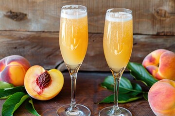 Wall Mural - Pair of bellini cocktails with ripe peaches