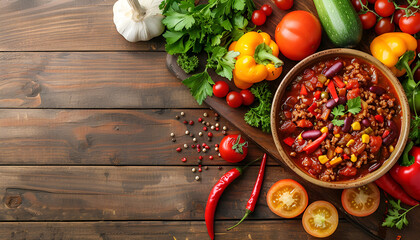 Wall Mural - Bowl with delicious chili turkey and fresh vegetables on wooden table