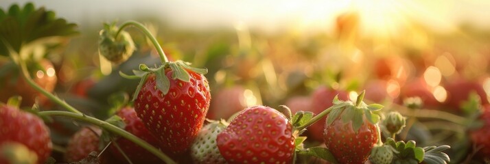 Wall Mural - strawberry plant with fruit in plantation farm field