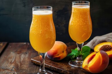 Two Bellini cocktails made with peach juice and white wine