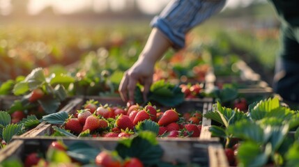 Canvas Print - A farmer working on crates of fresh strawberry fruit in plantation farm field