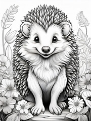 Wall Mural - hedgehog in cartoon style, coloring book, white background, black and white