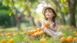 © rabbit75_fot - A cute child with basket and fresh orange fruit in plantation farm field