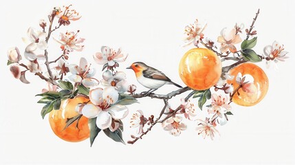 Watercolor vector drawing of orange plant leaf and fruit with a bird