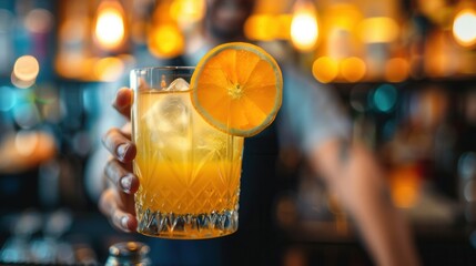 bar tender holding a glass of juice and fresh orange fruit closeup view on table in a restaurant bar