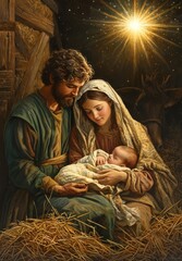 Wall Mural - Holy family in a stable, illuminated by a bright star on a serene night