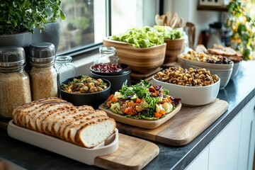 Wall Mural - Healthy buffet spread with fresh salads, vegetables, and bread in a sunny kitchen