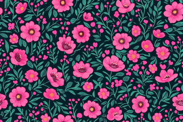 Poster - A seamless floral pattern with pink flowers and green leaves on a dark background. The arrangement of flowers creates a balanced and calming aesthetic with a touch of whimsy.