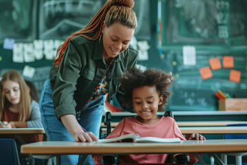 An african american teacher assists a girl in wheelchair in the classroom