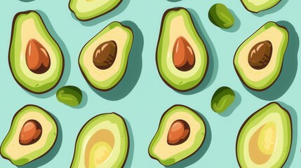 Seamless repetitive pattern background flat vector illustration of fresh avocado fruit
