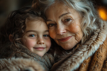 Wall Mural - A grandmother and her granddaughter sit together, playing and smiling, enjoying their time in a cozy home setting.